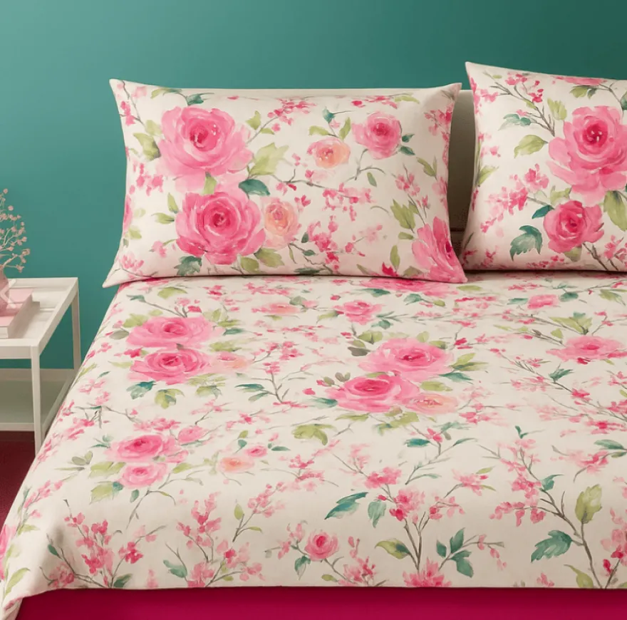 COMPLETO LENZUOLA MATRIMONIALE MIRABELLO MODELLO RAMI DI ROSE VAR. ROSA R09