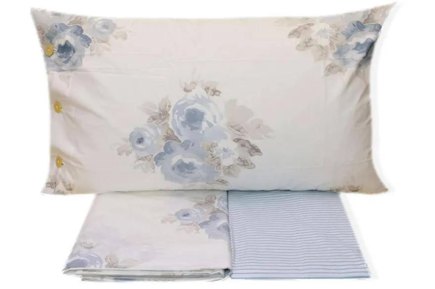 COMPLETO LENZUOLA SINGOLO BELLORA WHITE LINEN MODELLO FIORE V42 AZZURRO