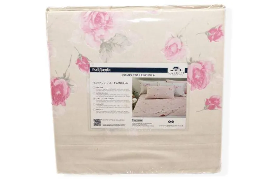 COMPLETO LENZUOLO UNA PIAZZA E MEZZO FLANELLA CALEFFI MODELLO FLORAL VAR. PANNA