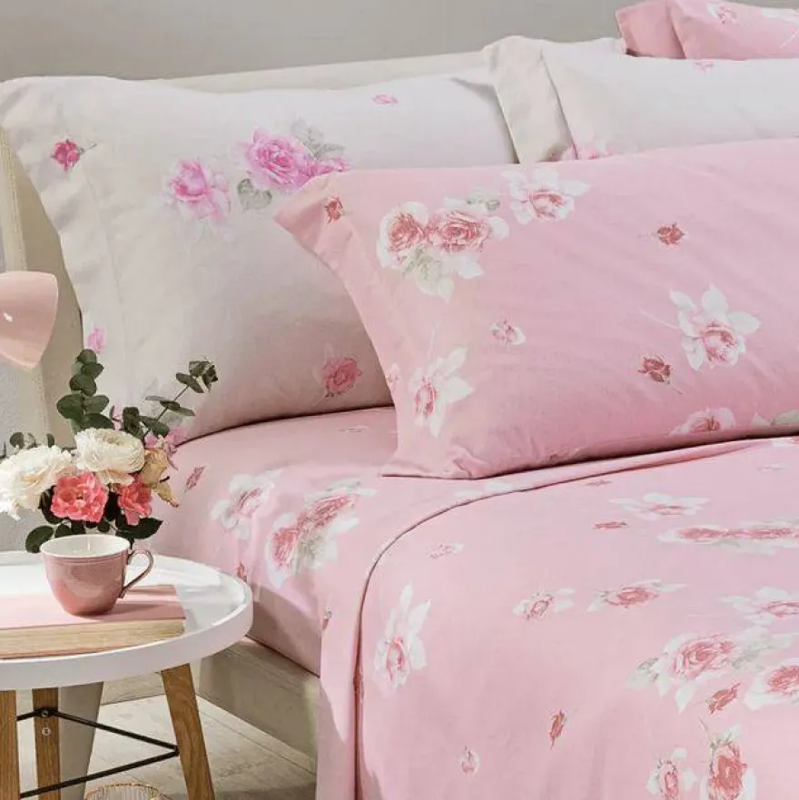 COMPLETO LENZUOLO UNA PIAZZA E MEZZO FLANELLA CALEFFI MODELLO FLORAL VAR. PANNA