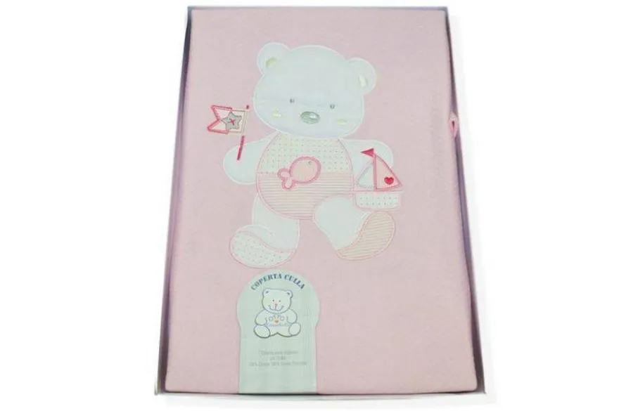 COPERTA CULLA IN JERSEY DOPPIATO PURO COTONE DISEGNO ORSETTO ROSA