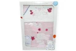 SET 3 PEZZI COPERTA CULLA DISEGNO CAGNOLINO ROSA FASCIA BIANCA