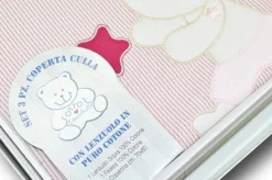 SET 3 PEZZI COPERTA CULLA DISEGNO CAGNOLINO ROSA FASCIA BIANCA