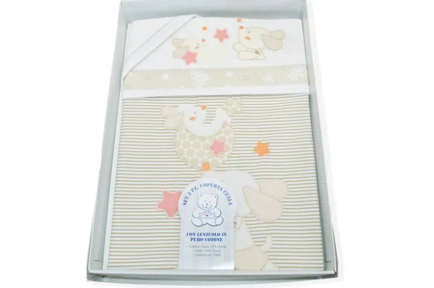 SET 3 PEZZI COPERTA CULLA DISEGNO CAGNOLINO BEIGE