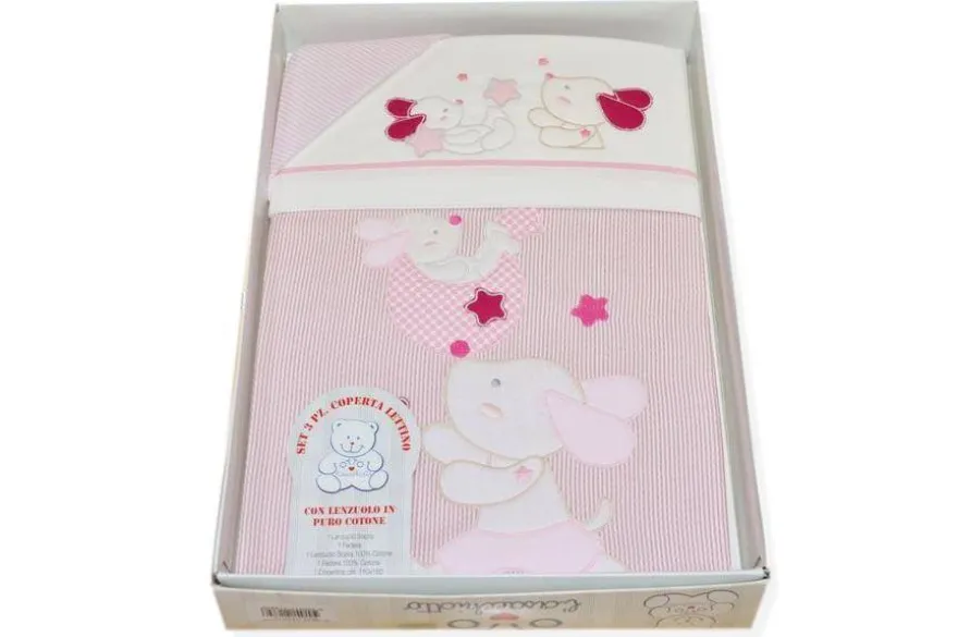 SET 3 PEZZI COPERTA LETTINO DISEGNO CAGNOLINO ROSA