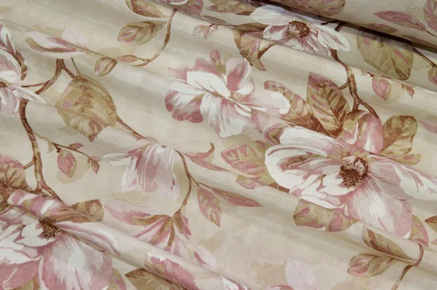 TESSUTO ARREDO FANTASIA MAGNOLIA ROSA FONDO BEIGE