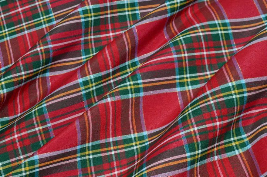 TESSUTO ARREDO SCOZZESE ROSSO FILO LUREX ORO