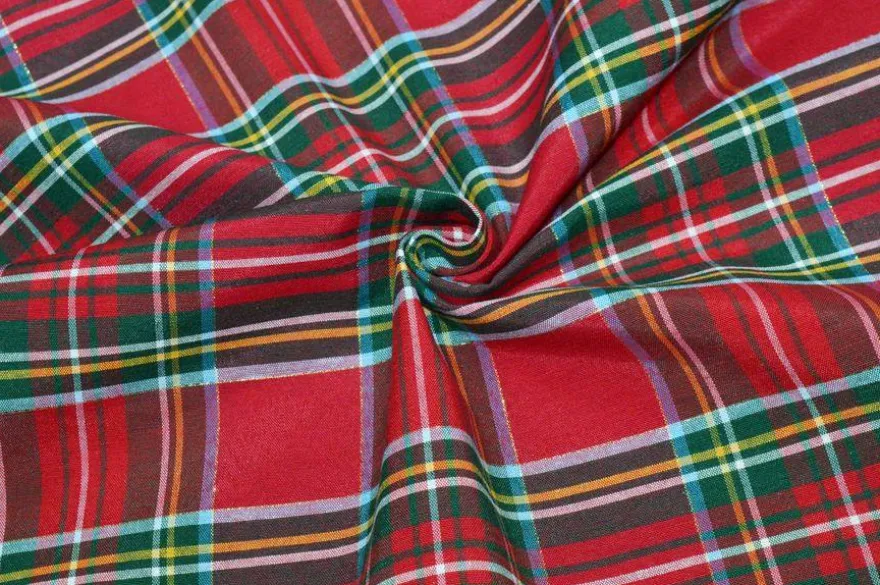 TESSUTO ARREDO SCOZZESE ROSSO FILO LUREX ORO