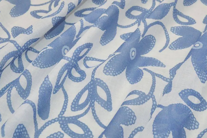 TESSUTO BATISTA PURO COTONE DISEGNO BIANCO E AZZURRO