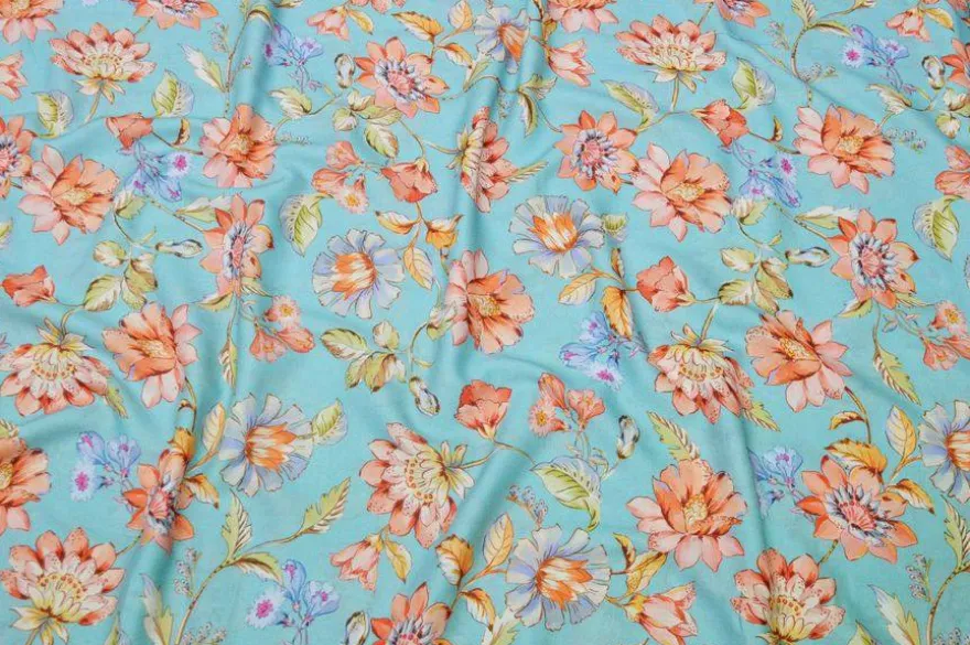 TESSUTO BATISTA PURO COTONE FLOREALE FONDO TURCHESE