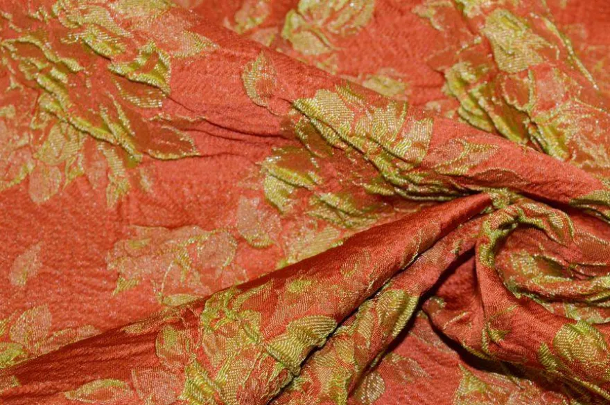 TESSUTO BROCCATO FANTASIA FLOREALE ARANCIO VERDE