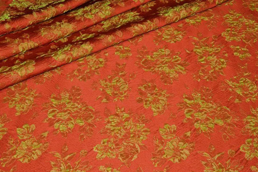 TESSUTO BROCCATO FANTASIA FLOREALE ARANCIO VERDE