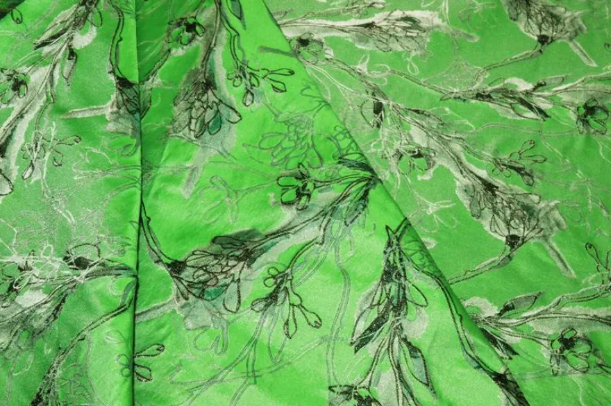 TESSUTO BROCCATO FIORE STILIZZATO FONDO VERDE