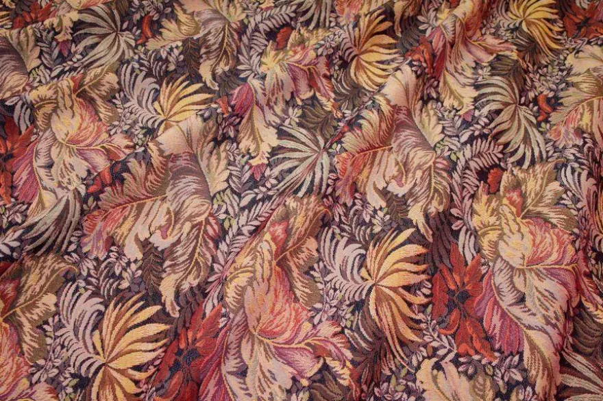 TESSUTO BROCCATO STRETCH FANTASIA TROPICALE COLORI CALDI