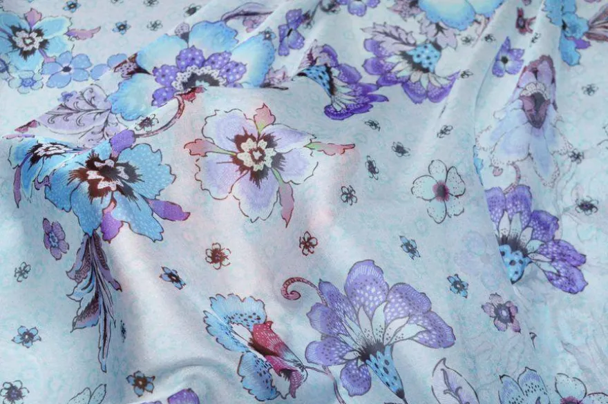 TESSUTO CHIFFON PURA SETA FANTASIA FLOREALE AZZURRA