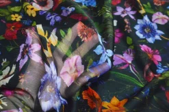 TESSUTO CHIFFON PURA SETA FANTASIA FIORI FONDO NERO