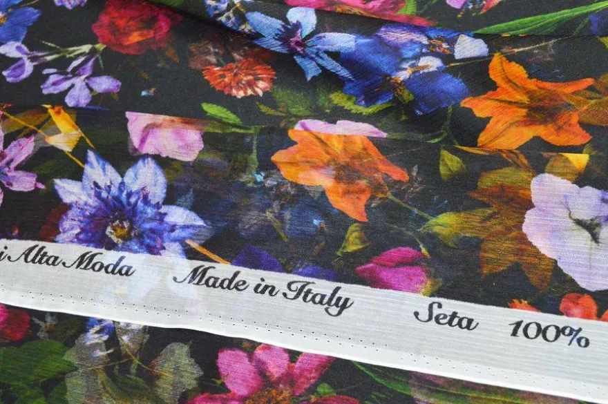 TESSUTO CHIFFON PURA SETA FANTASIA FIORI FONDO NERO