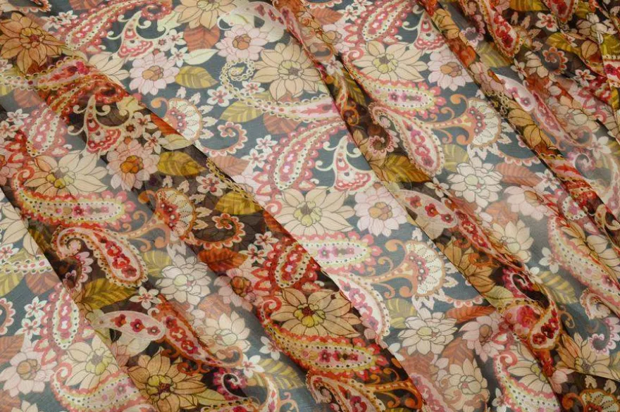 TESSUTO CHIFFON PURA SETA FLOREALE COLORI CALDI