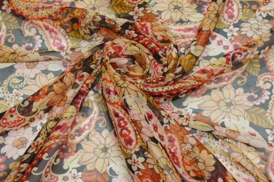 TESSUTO CHIFFON PURA SETA FLOREALE COLORI CALDI