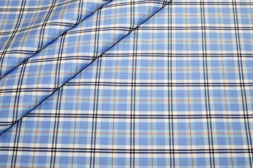TESSUTO COTONE CAMICERIA STRETCH SCACCO AZZURRO RIGA ARANCIO