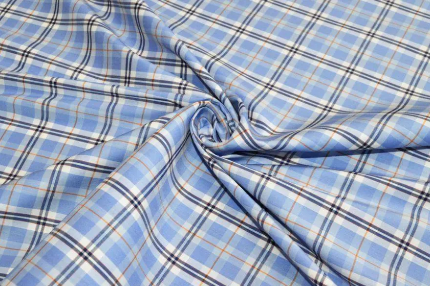 TESSUTO COTONE CAMICERIA STRETCH SCACCO AZZURRO RIGA ARANCIO