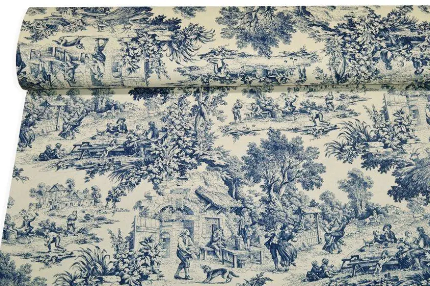 TESSUTO COTONE PANAMA TOILE DE JOUY BLU