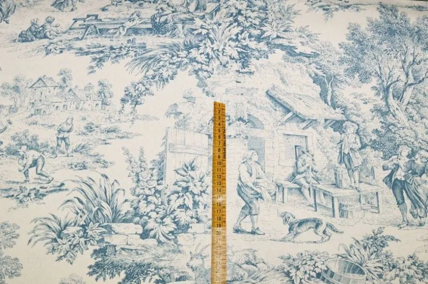 TESSUTO COTONE PANAMA TOILE DE JOUY AZZURRO