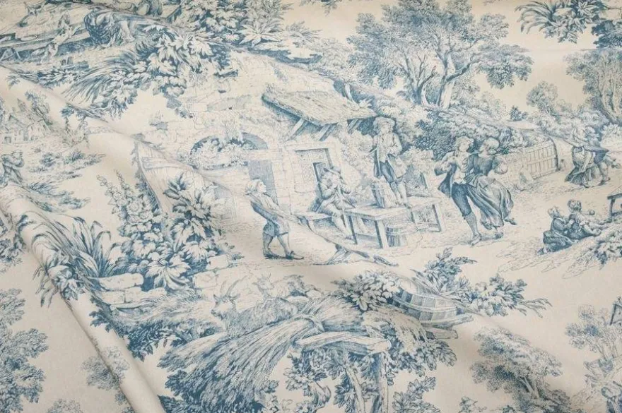 TESSUTO COTONE PANAMA TOILE DE JOUY AZZURRO