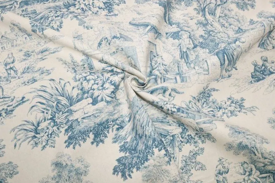 TESSUTO COTONE PANAMA TOILE DE JOUY AZZURRO