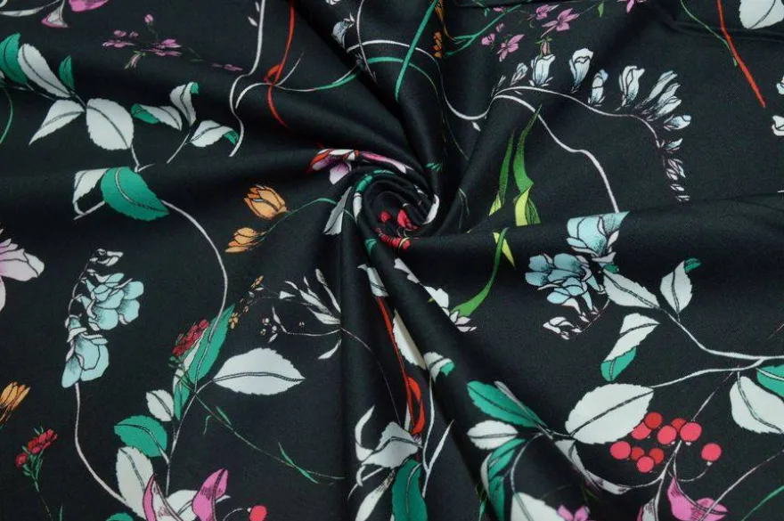 TESSUTO COTONE STRETCH FANTASIA FIORE FONDO NERO