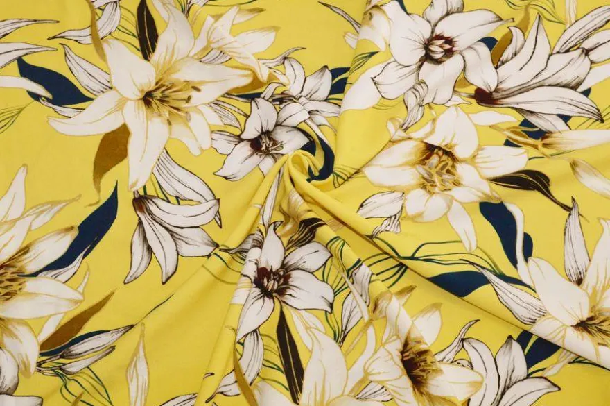 TESSUTO CREPE STRETCH FANTASIA FLOREALE FONDO GIALLO