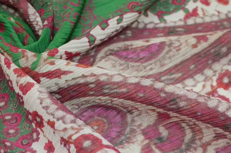 TESSUTO CREPON DISEGNO CASHMERE FUCSIA E VERDE