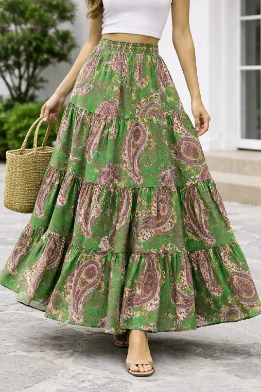 TESSUTO CREPON DISEGNO CASHMERE FUCSIA E VERDE
