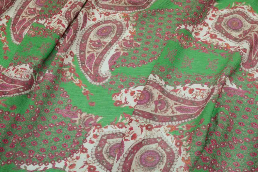 TESSUTO CREPON DISEGNO CASHMERE FUCSIA E VERDE