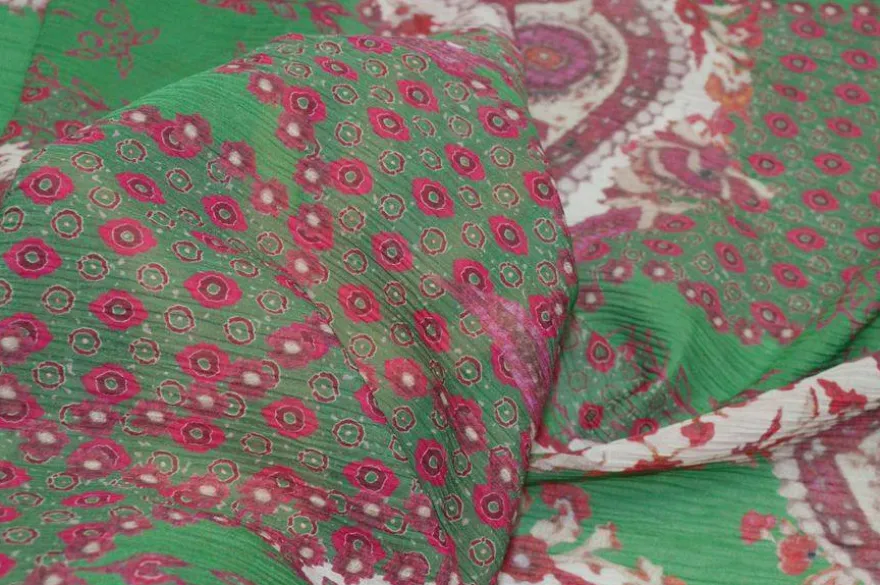 TESSUTO CREPON DISEGNO CASHMERE FUCSIA E VERDE