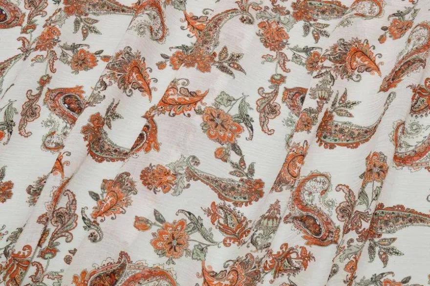 TESSUTO CREPON DISEGNO CASHMERE BIANCO E ARANCIO