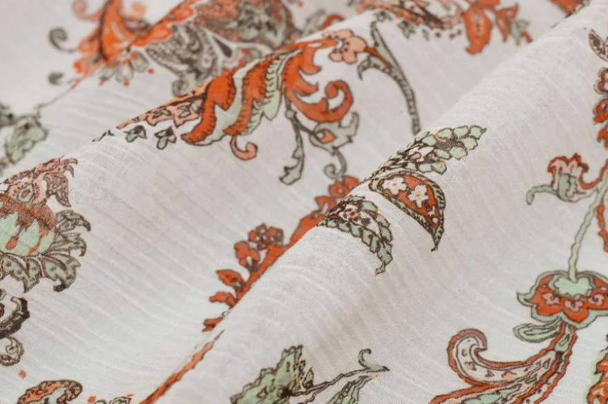 TESSUTO CREPON DISEGNO CASHMERE BIANCO E ARANCIO