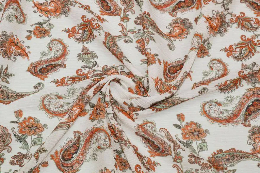 TESSUTO CREPON DISEGNO CASHMERE BIANCO E ARANCIO