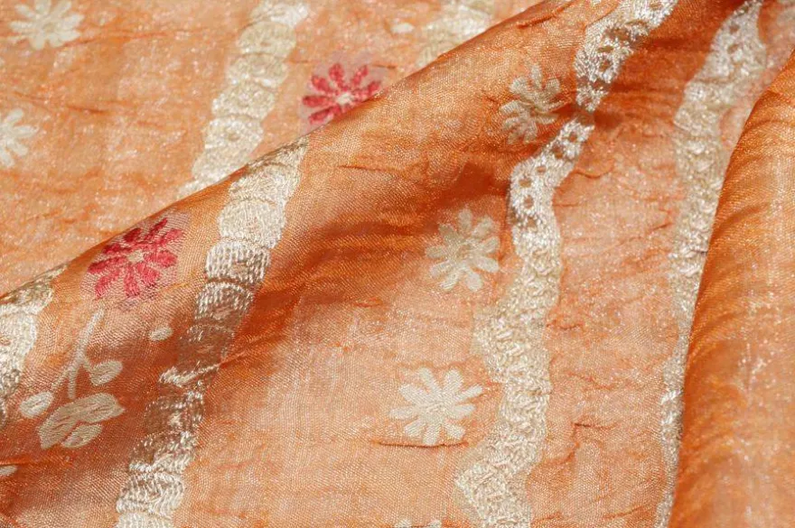 TESSUTO DOPPIA ORGANZA ARANCIO CON FIORE RICAMATO