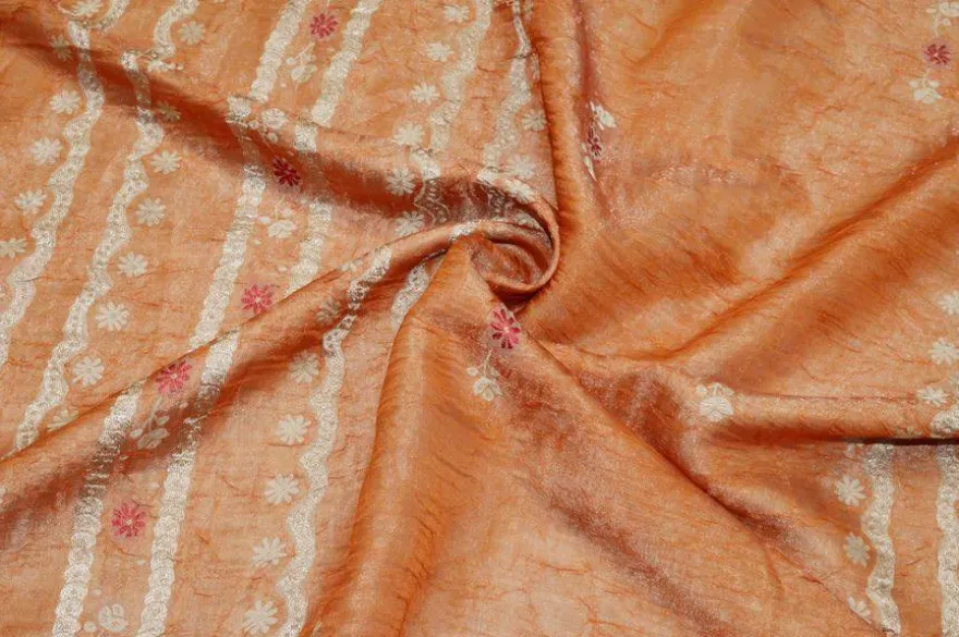 TESSUTO DOPPIA ORGANZA ARANCIO CON FIORE RICAMATO