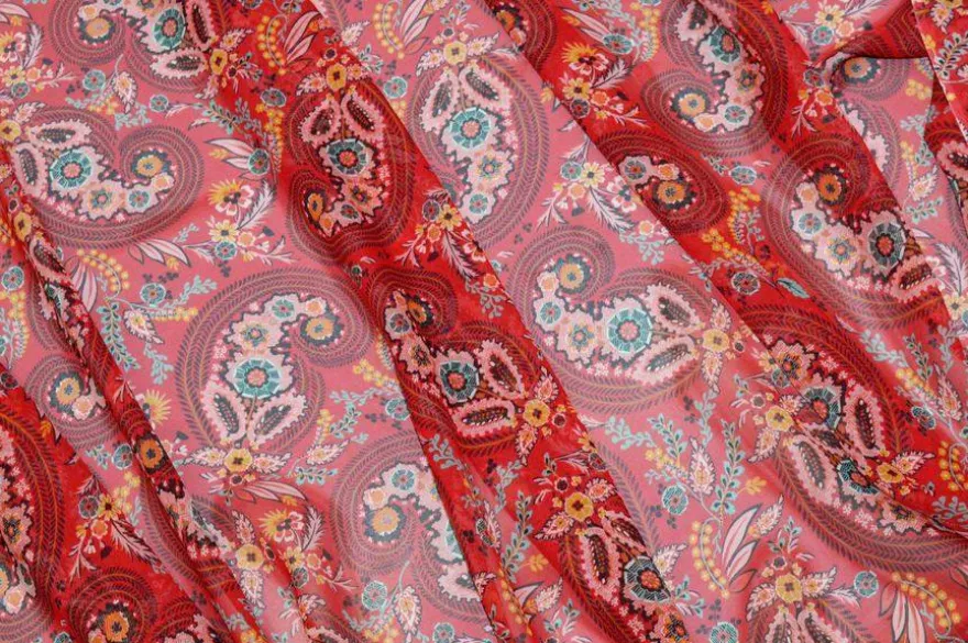 TESSUTO GEORGETTE PURA SETA DISEGNO CASHMERE ROSSO