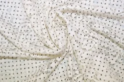 TESSUTO JERSEY DI PIZZO PANNA CON POIS NERI