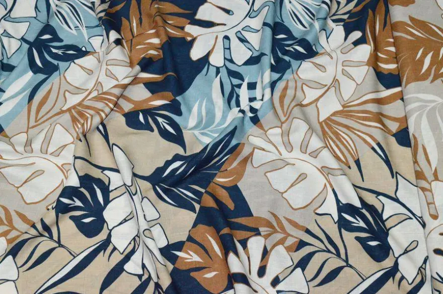 TESSUTO LINO E COTONE FANTASIA TROPICAL BLU