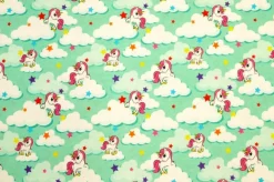 TESSUTO MAGLINA COTONE FANTASIA UNICORNO TURCHESE