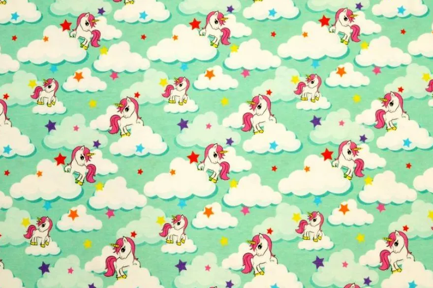 TESSUTO MAGLINA COTONE FANTASIA UNICORNO TURCHESE