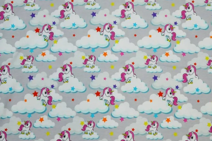 TESSUTO MAGLINA COTONE FANTASIA UNICORNO GRIGIO