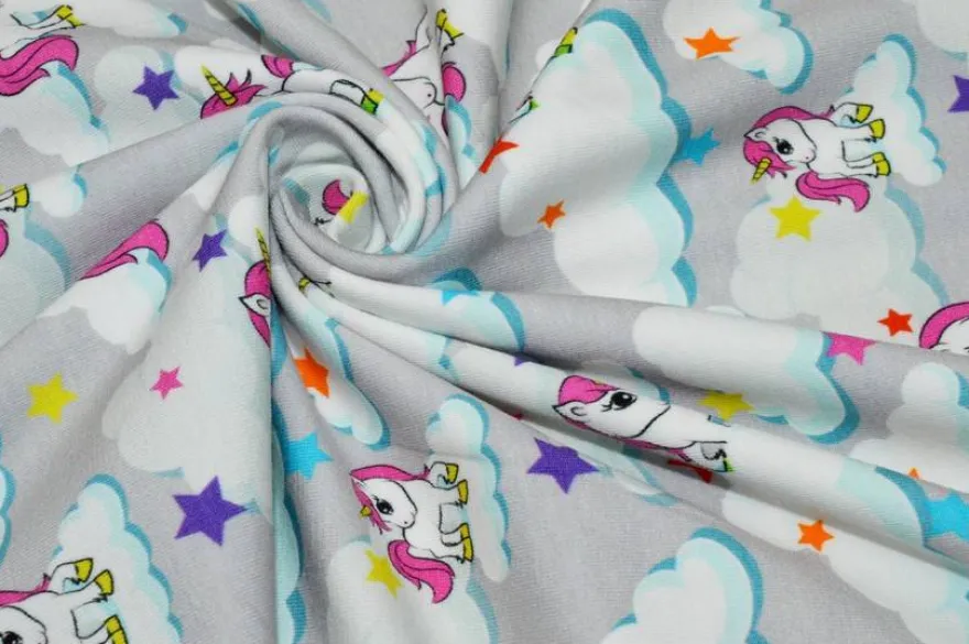 TESSUTO MAGLINA COTONE FANTASIA UNICORNO GRIGIO
