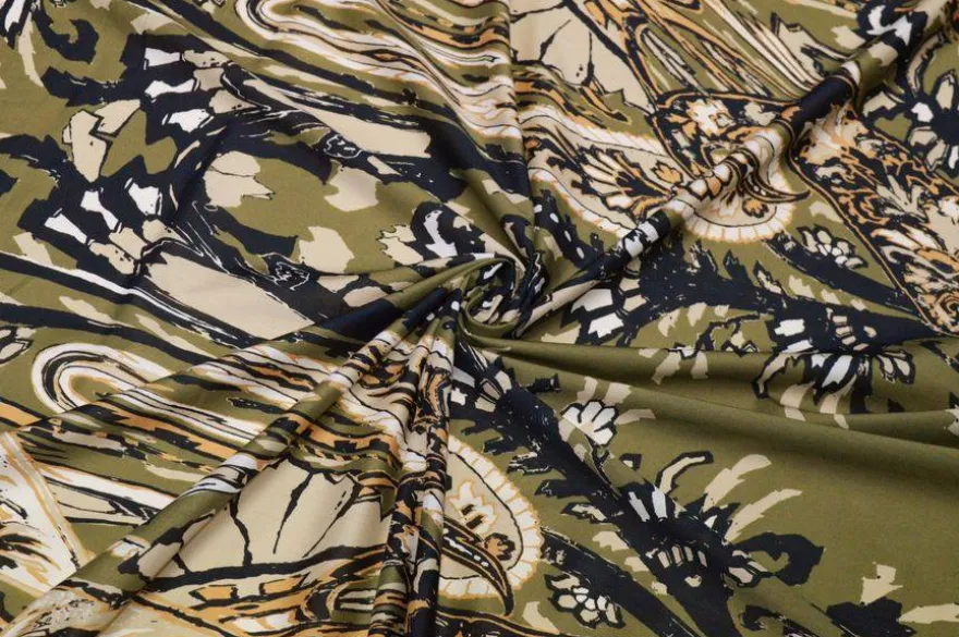 TESSUTO MUSSOLA PURO COTONE FANTASIA BEIGE FONDO VERDE
