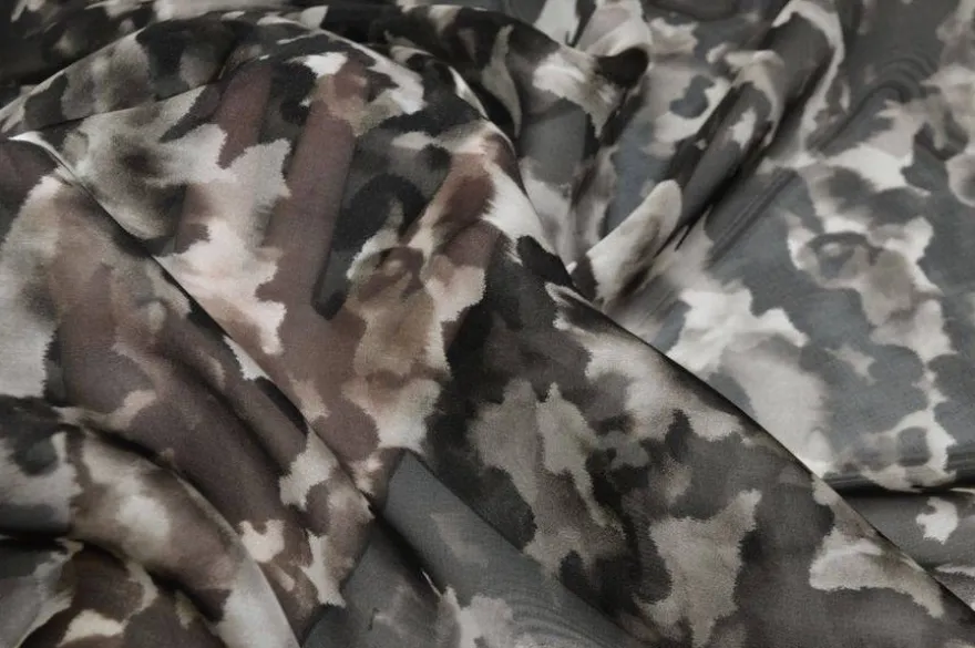 TESSUTO ORGANZA PURA SETA FANTASIA CAMOUFLAGE BIANCO NERO