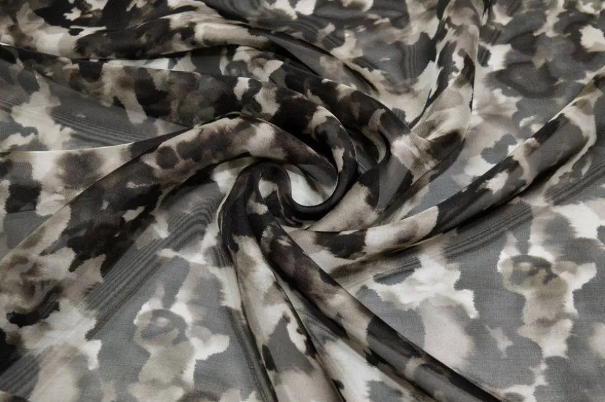 TESSUTO ORGANZA PURA SETA FANTASIA CAMOUFLAGE BIANCO NERO